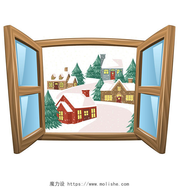 卡通立冬冬天雪景树窗户素材